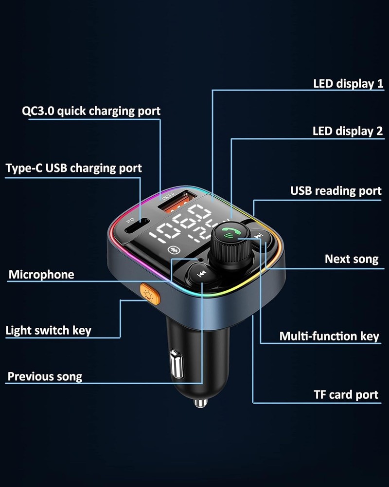 Bluetooth 5.4 Bluetooth Car Adapter, FM Transmitter with Qc3.0/Type-C 42W Fast C
