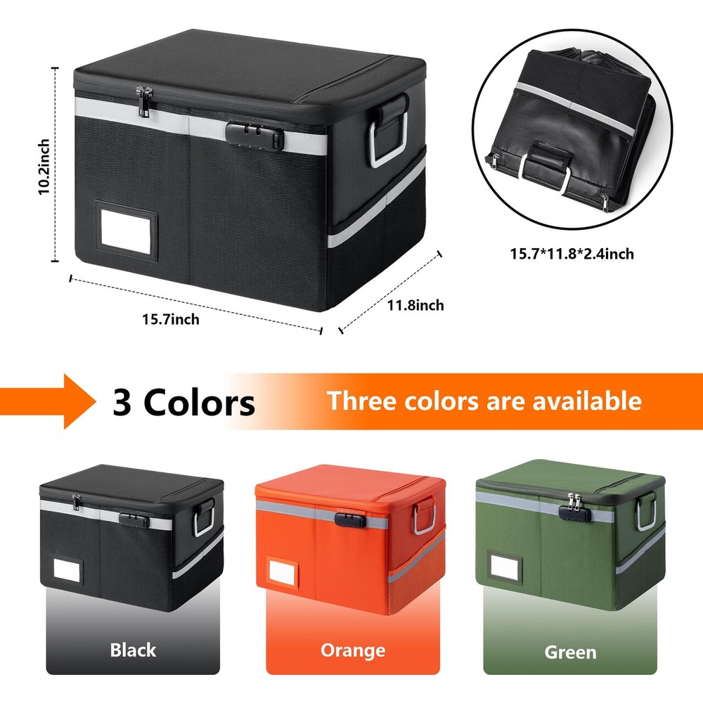 Fireproof Waterproof Document Box with Lock - Portable File Organizer (Black)