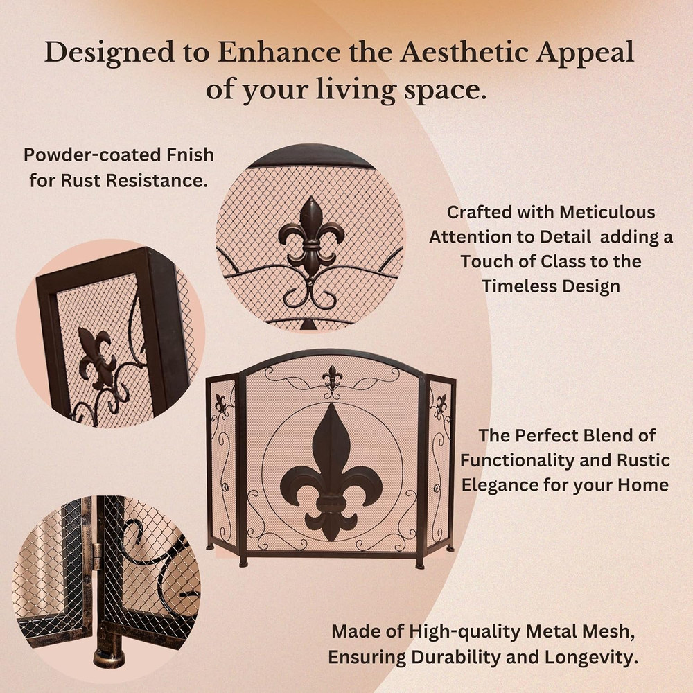3-Panel Fireplace Screen Decorative with Fleur De Lis Design, Classic Dark Brown
