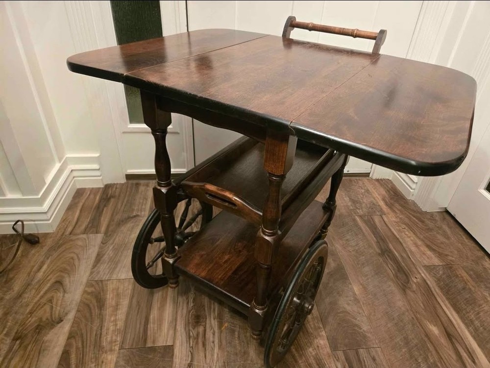 Antique solid oak bar cart with removable tray