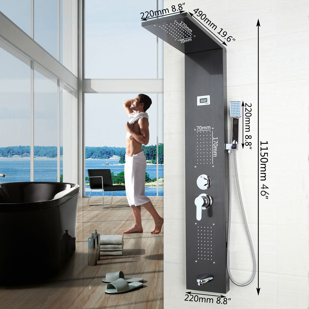 Bathroom Black Rainfall Shower Column Massage Jets Sprayer Shower Panel System