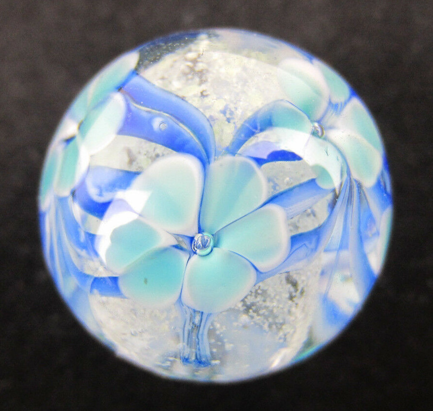 22mm ASTER Blue Flower GLOW IN THE DARK Handmade art glass Marble 7/8" SHOOTER