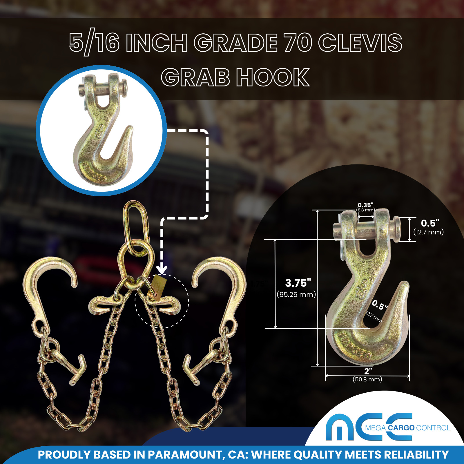 1 Pack G70 5/16" V Bridle Tow Chain w/ 8" J Hook & TJ Combo & Grab Hook 2ft Legs