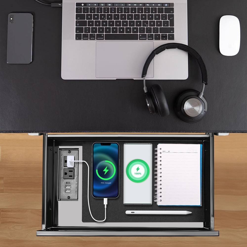 Under Desk Mounted Sliding Pull-out Storage Drawer with Built-in Power Strip