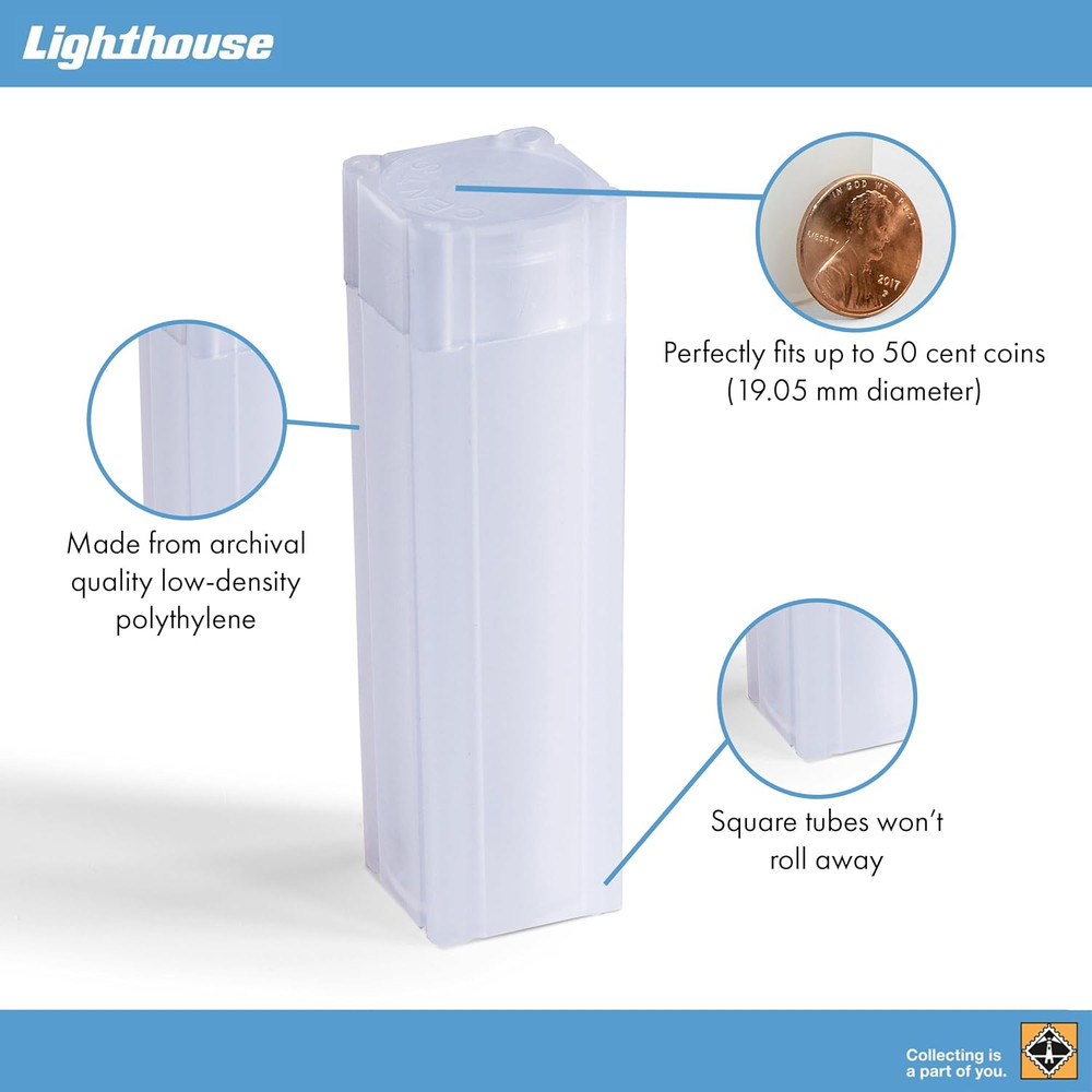 Lighthouse - Square Coin Tubes - Convenient Push Top, Virtually Unbreakable, Aci