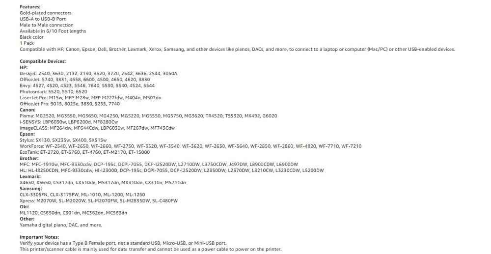 HP Printer Cable 6ft, Square USB A to USB B Cable for Printer/Scanner Epson,..