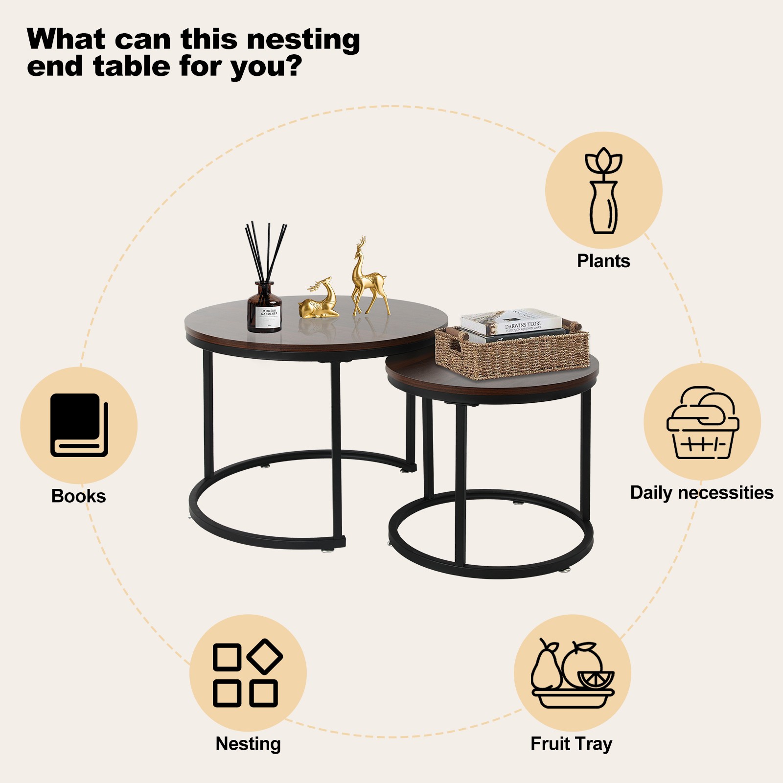 Nesting Coffee Table Set Round Side End Tables w/ Metal Legs Living Room Modern