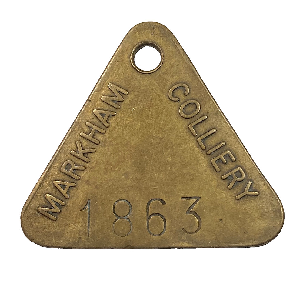20th century North Derbyshire Markham Colliery triangular brass pit check tally