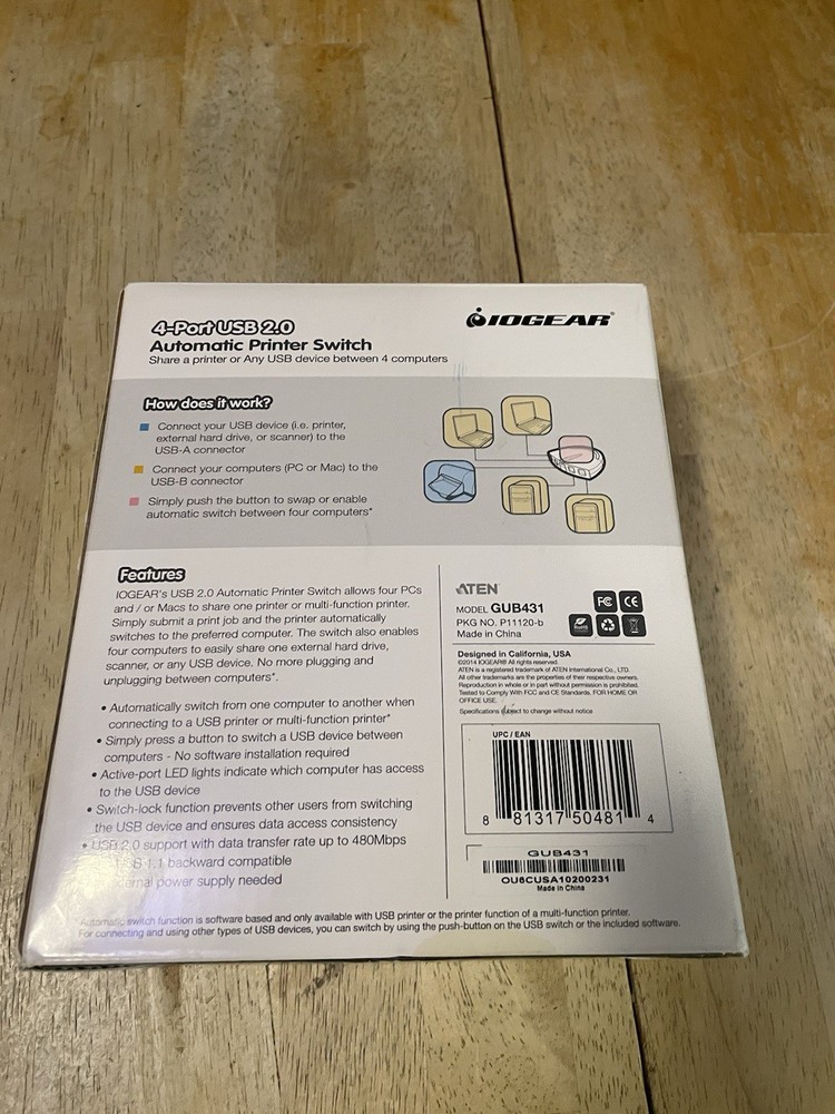 IOGEAR 4-Port USB 2.0 Peripheral Sharing Switch For Automatic Printer GUB431 NEW