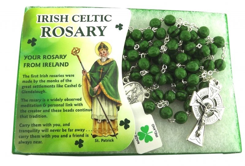 JC Walsh & Sons Ltd. Nickle & Green 7mm Shamrock Rosary Beads in Display Box