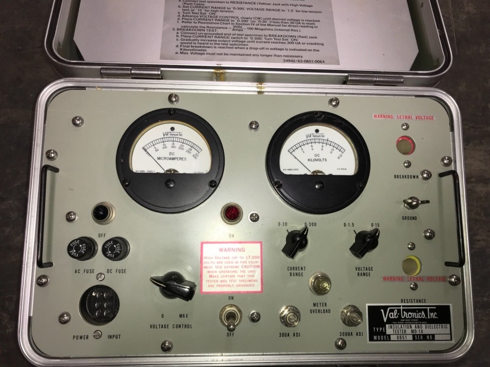 VAL-TRONICS INSULATION AND DIELECTRIC TESTER MD-1A MODEL 0851