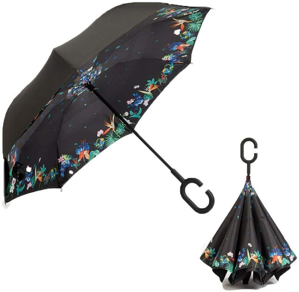C-Handle Inverted Reverse Umbrella, Flower print (Inside-out, Upside-down)