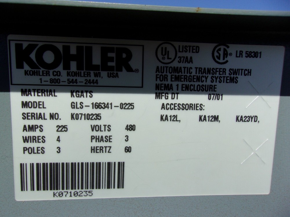 Used Kohler 3PH 480V 225A Automatic Transfer Switch