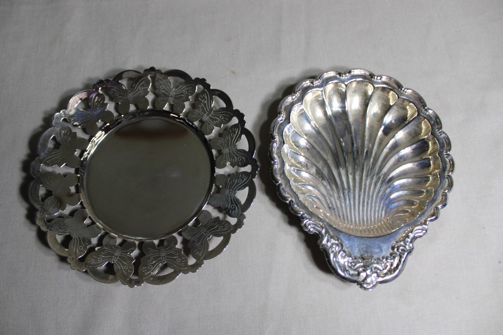 2 Silver Plated TRINKETS DISHES (1 With A Butterfly Pattern, 1 Shell Shaped)