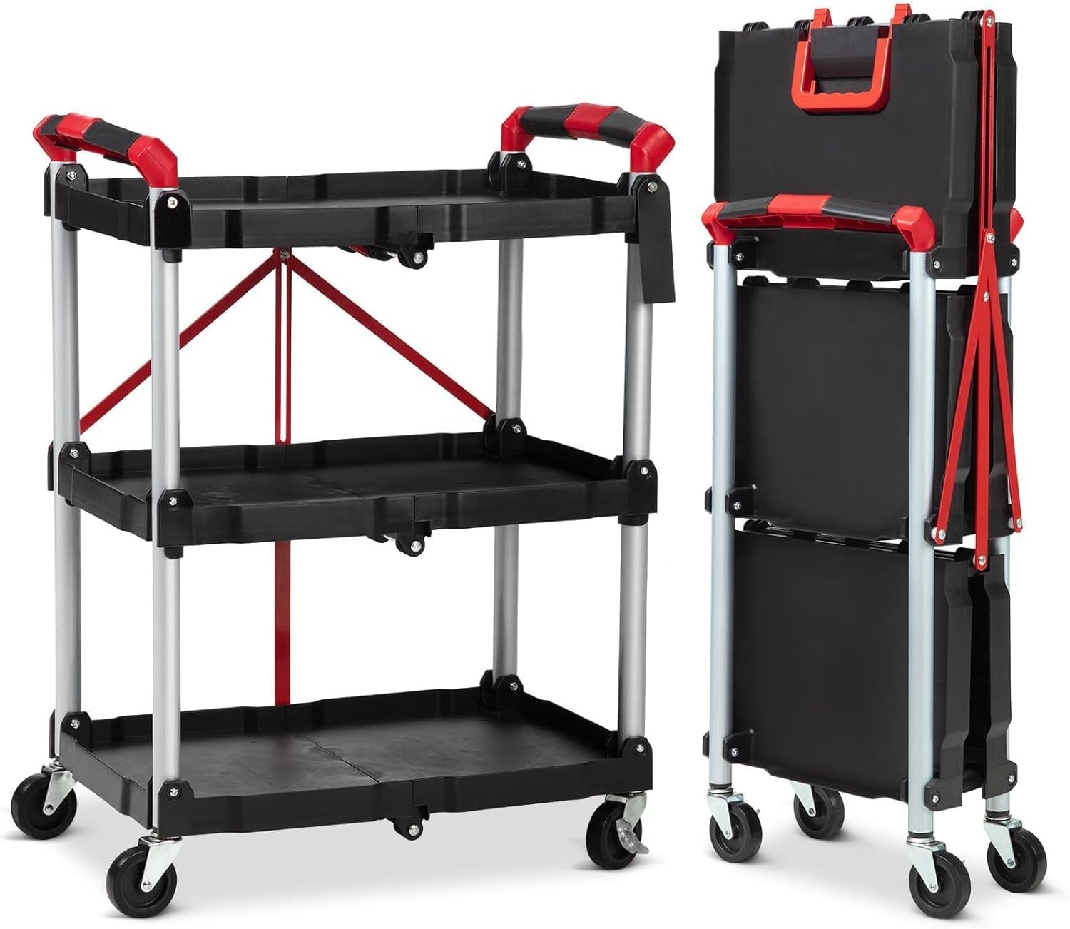 Collapsible Rolling Cart with Wheels, 3 Tier Rolling Utility Cart