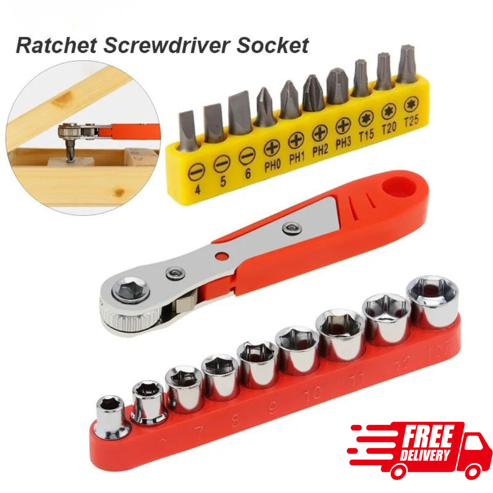 Ratcheting Right Angle Screwdriver Hex Drive 90 Degree Offset + 10pc Bits Set!