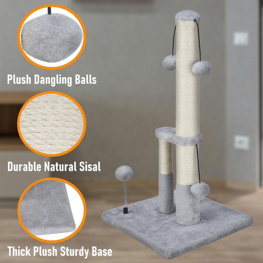Dimaka Tall Cat Scratching Post, Double Lower Posts Extra Stable Grey