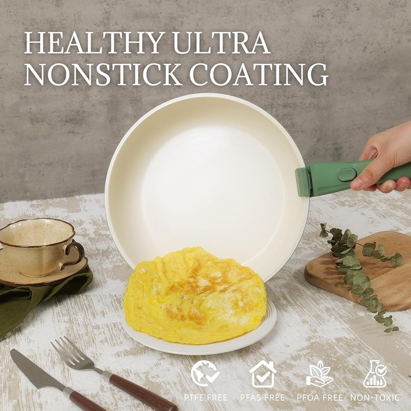Non Stick Ceramic Cookware Set 8Pcs Removable Handle Space Saving Easy Cleanup