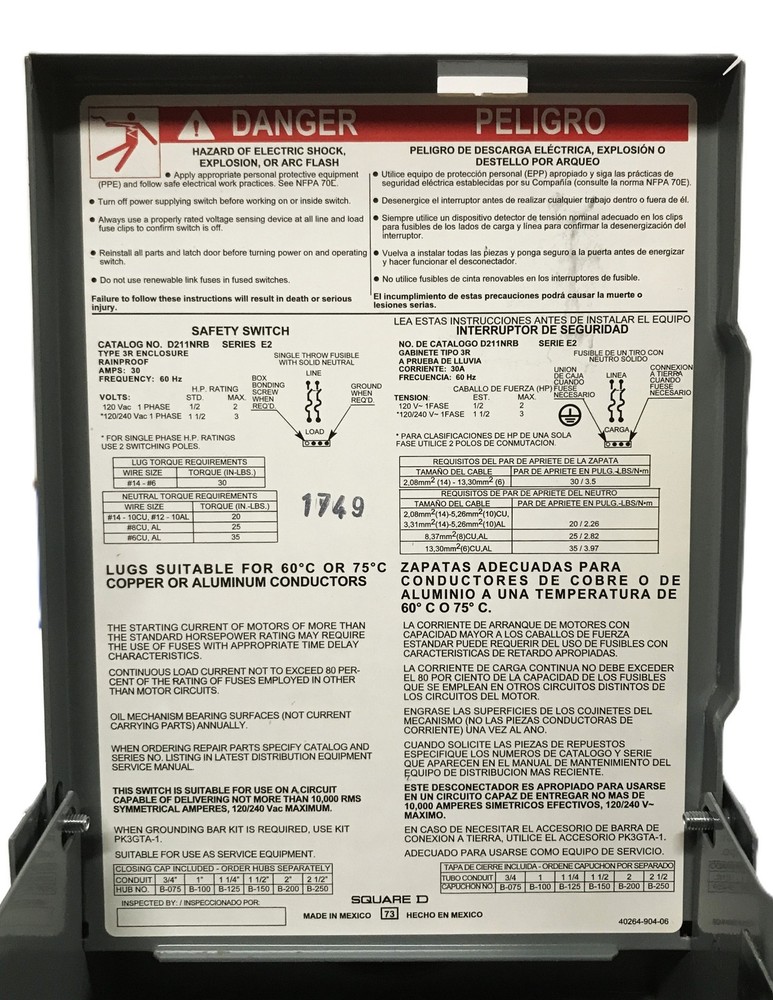 Square D General Duty Safety Switch D211NRB NOS
