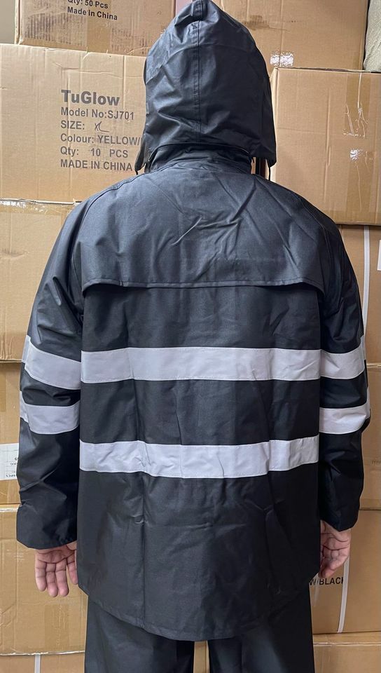Black Safety Rain-suit, Rain Jacket With Hoodie and Rain Pants