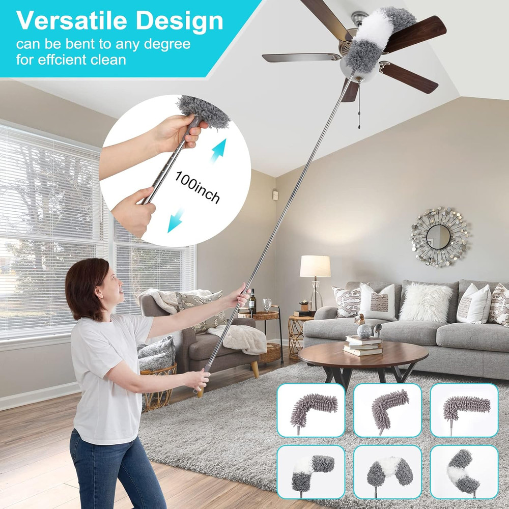 12pcs Microfiber Duster Kit Extendable Pole 30-100in Washable Bendable[1][2][3]