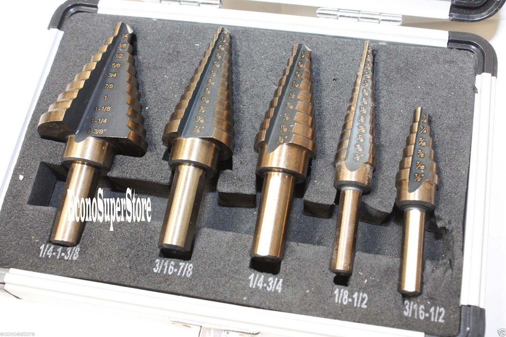 5pcs SAE Step Drill Bit Set HSS Cobalt Multiple Hole 50 Size (TRI-FLAT Shank)