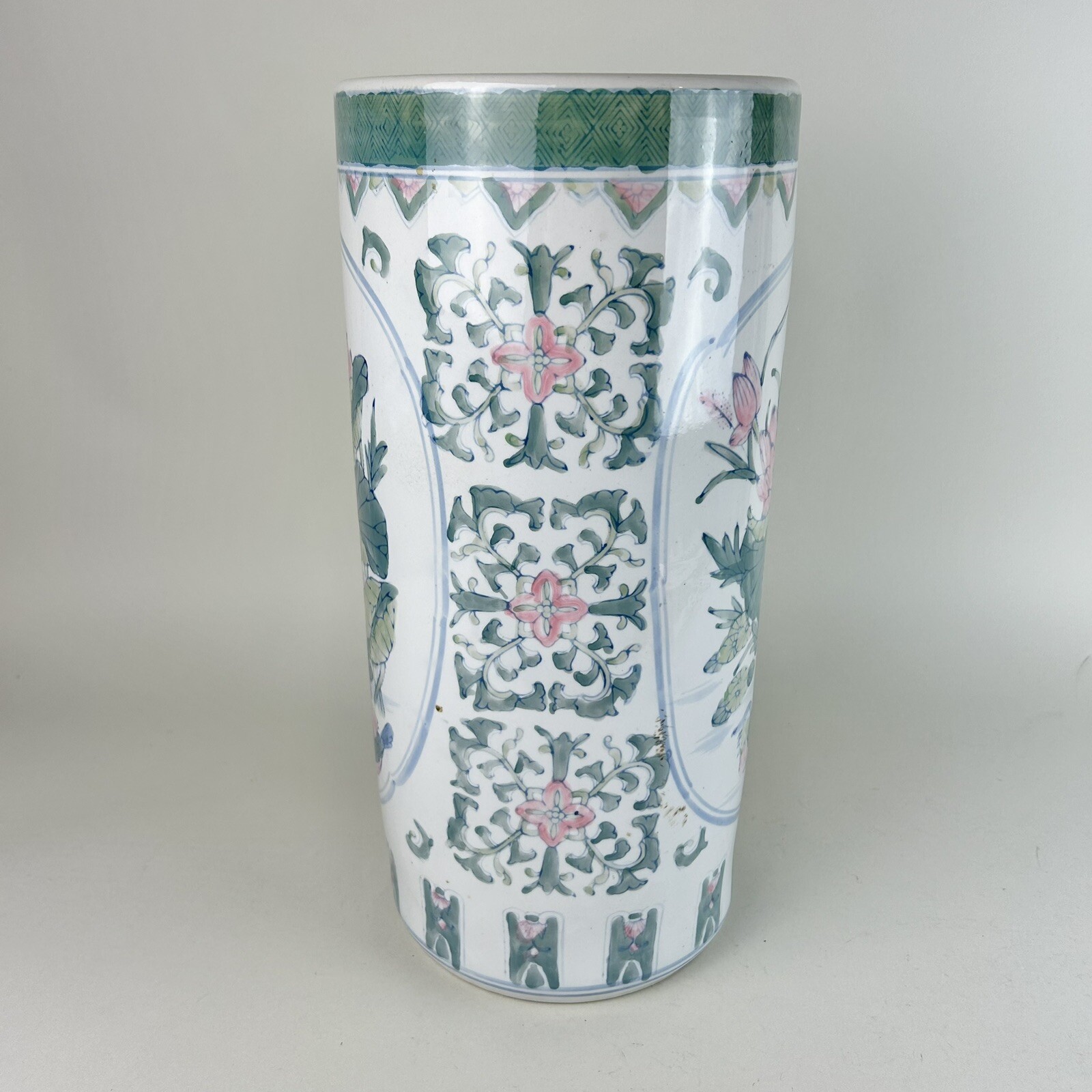 Vintage Ceramic Umbrella Stand 18” Asian Design Floral Birds Flowers