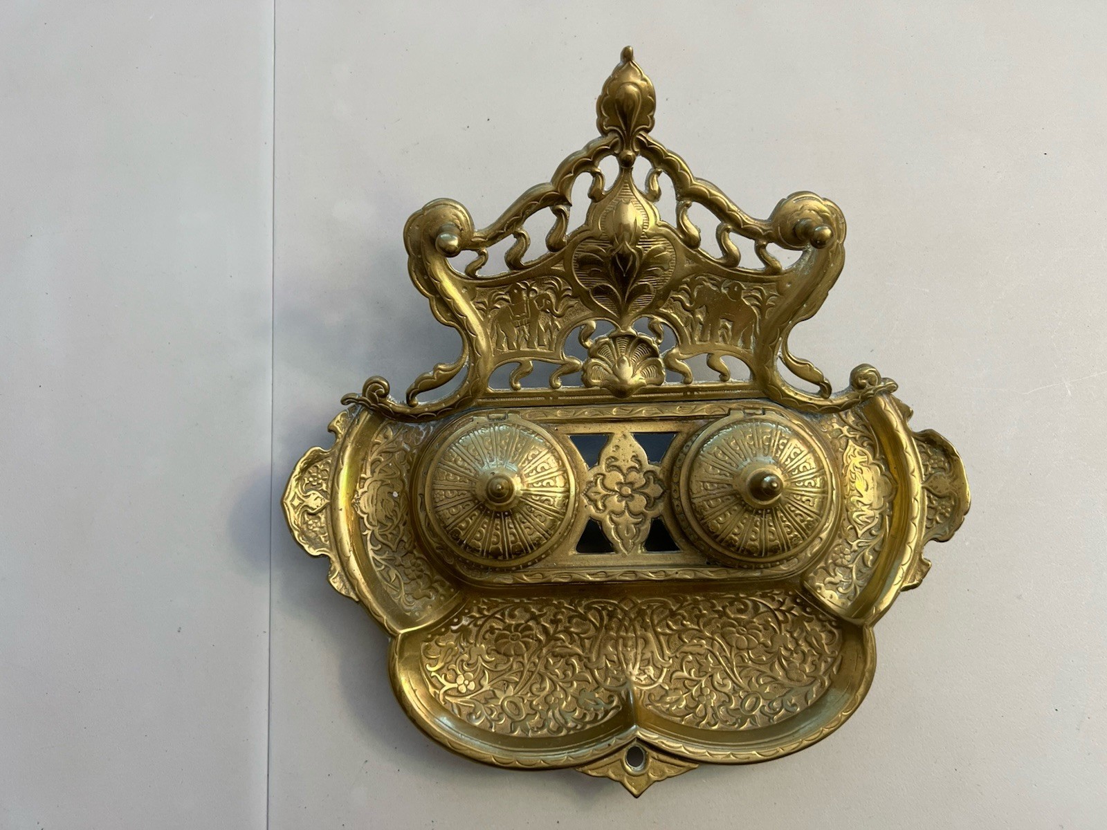 Vintage Gilded Cast Brass Art Nouveau Elephants Ornate Double Inkwell