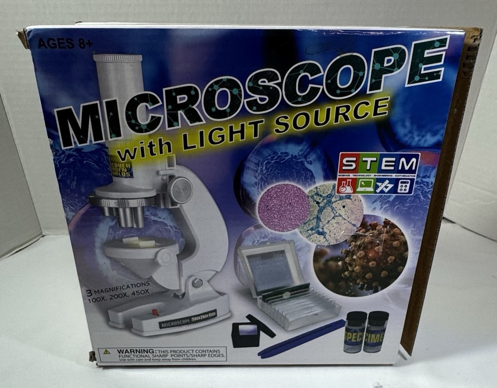 Stem White Microscope Kit W/ Light Source 100, 200, 450 Magnification Complete