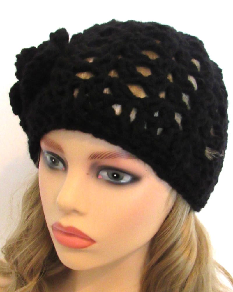 BOHO BEANIE HAT CAP SOLID BLACK OPEN WEAVE MESH HANDMADE CROCHET WITH FLOWER