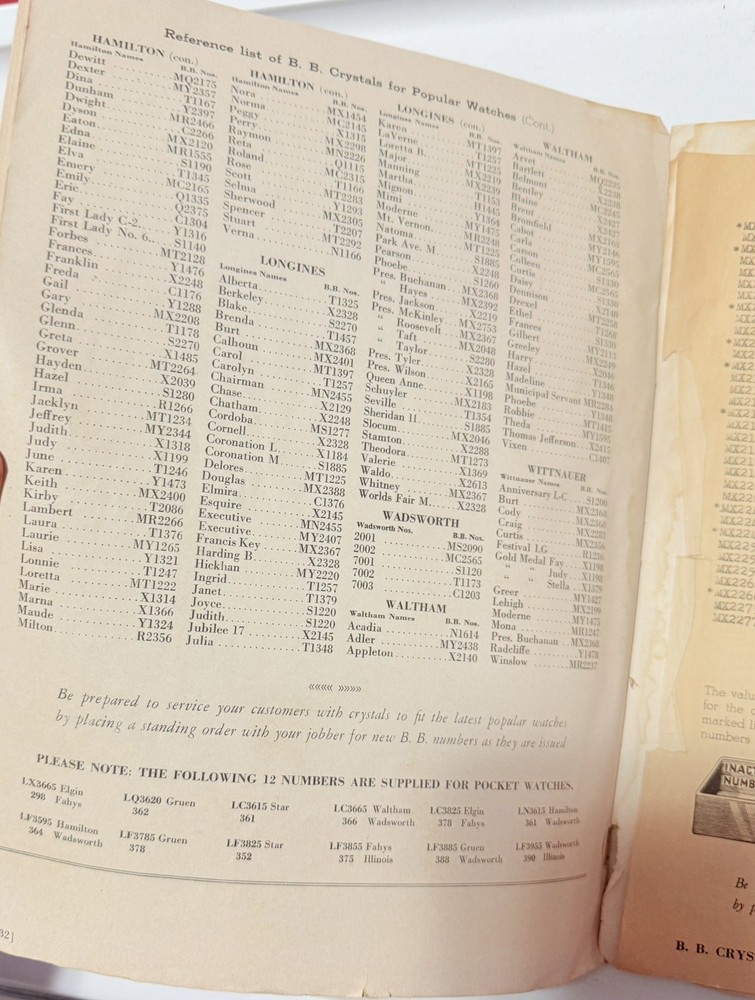 Vintage 1952 BB Watch Crystal Catalog Reference Guide