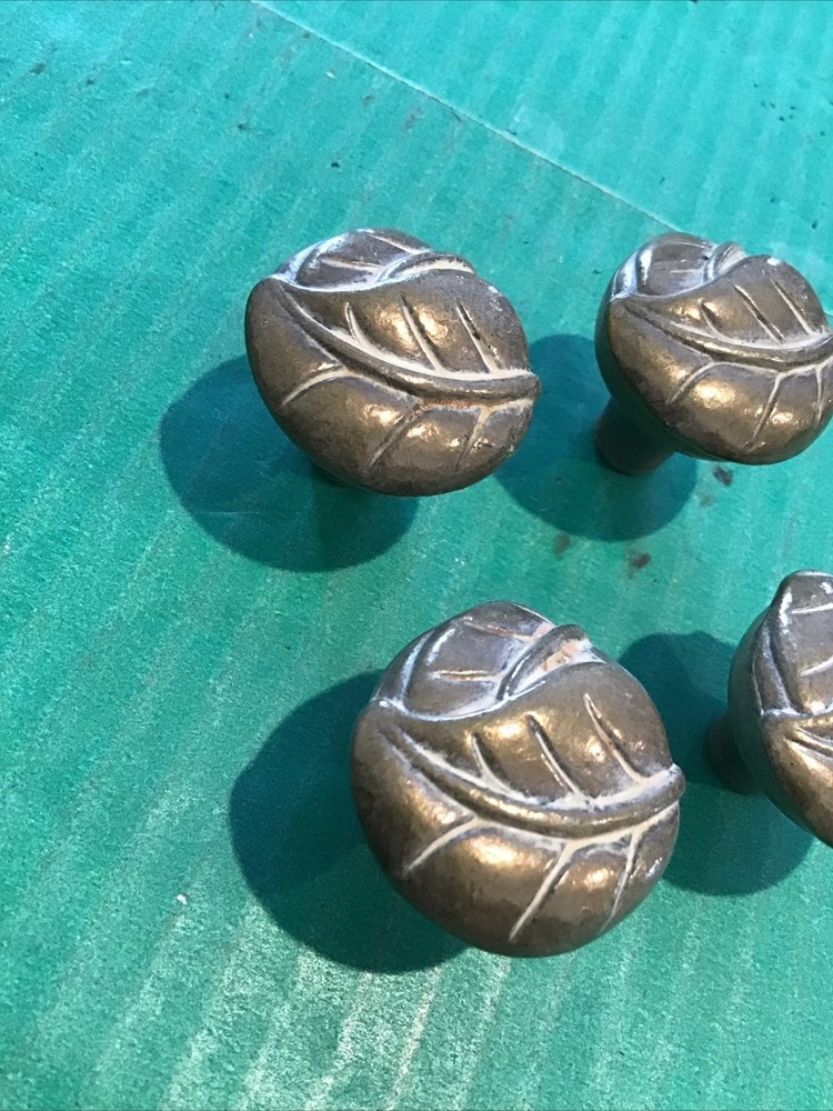(4) Vintage Rare Keeler Brass LEAF CABINET KNOB PULL Solid (matches 45966 pull)