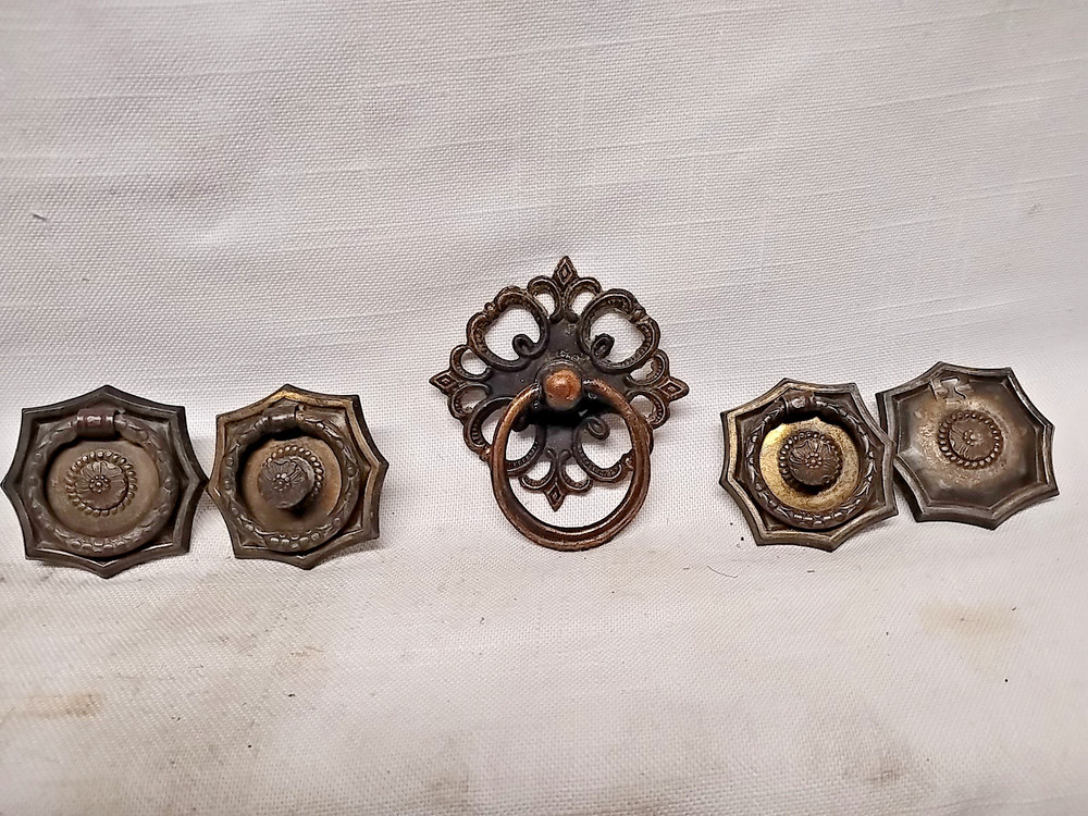 Antique Victorian Brass Drop Ring Drawer Pull Handle Knobs lot of 5