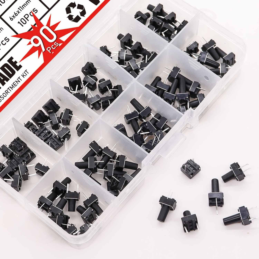 90PCS 2 Pin Tactile Switch Micro Momentary Tact Push Button Switch Assortment Ki