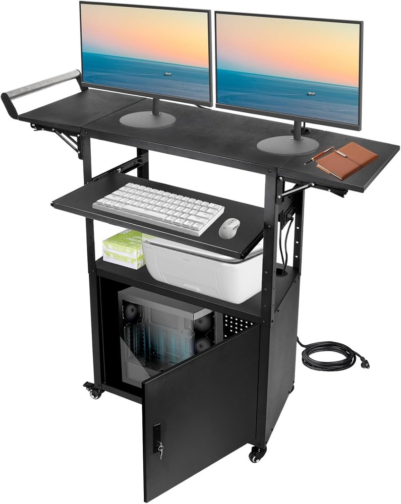 Rolling Computer Cart with Locking Cabinet Drop Leaves