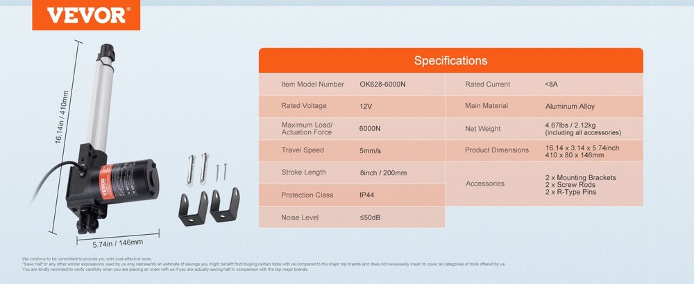 12V Linear Actuator 6000N 5mm/s Electric Linear Motor Controller w Mount Bracket
