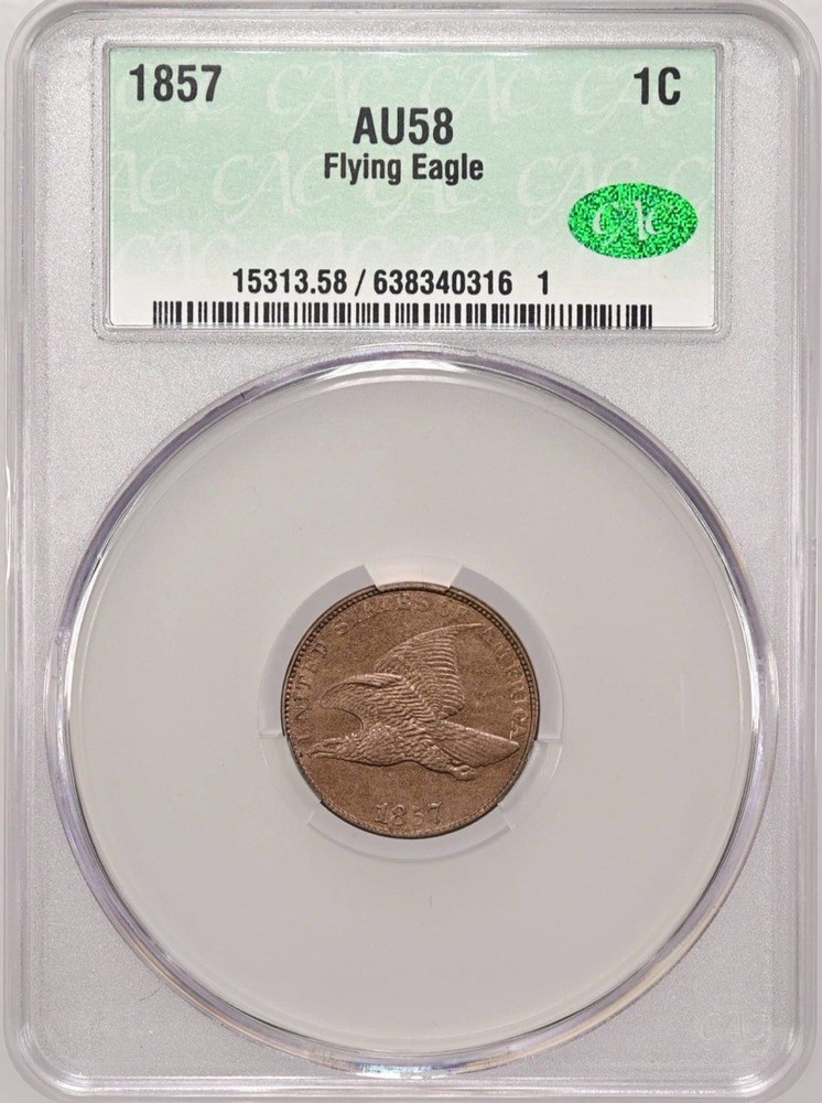 1857 FLYING EAGLE CENT CACG AU58