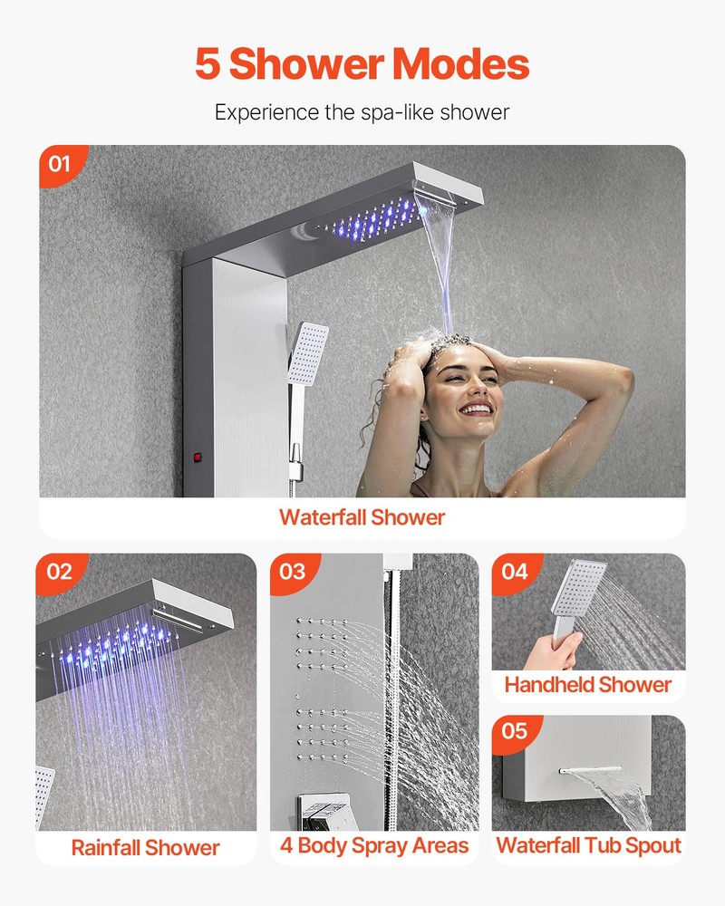 VEVOR Shower Panel Tower System Stainless Steel Rainfall Waterfall Head 5 Modes
