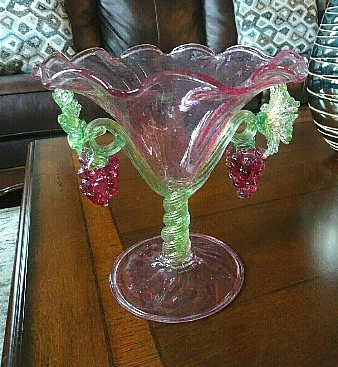 1930's SALVIATI MURANO ART GLASS Plum / Purple GRAPE Compote Footed Bowl 7.35"
