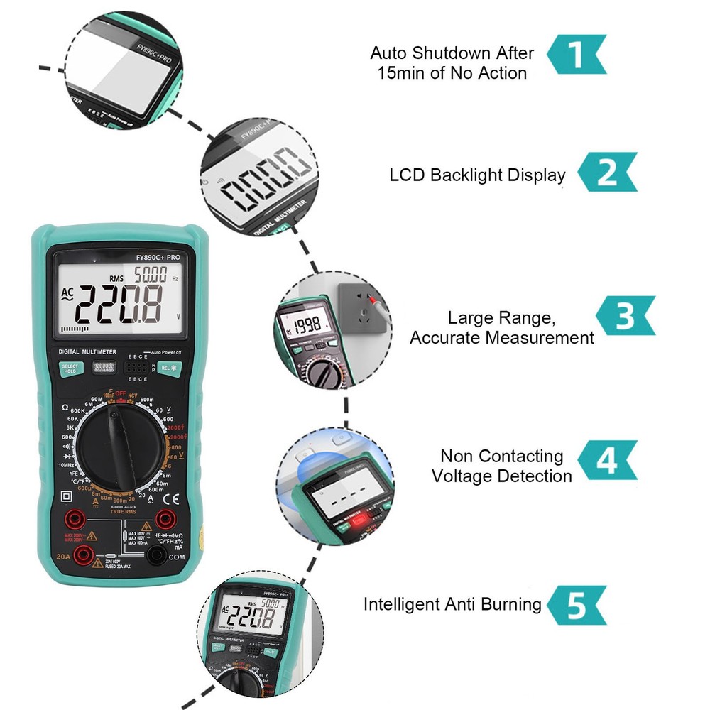 Digital Multimeter 6000 Counts Tester 2000V Voltage Current Capacitance Testing