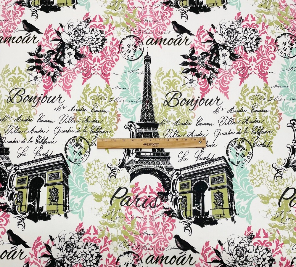RICHLOOM CREPE DIVA PINK EIFFEL TOWER PARIS SCRIPT MULTIUSE FABRIC BY YARD 54"W