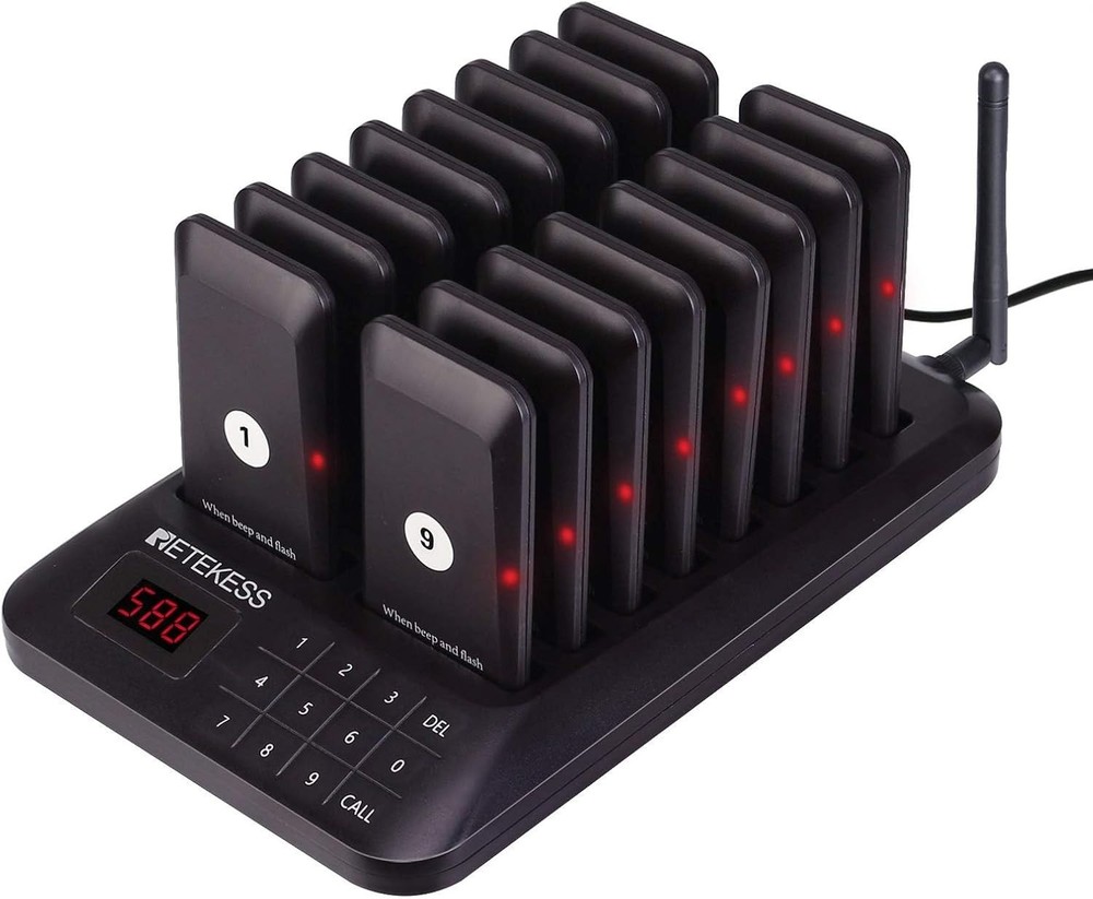 Enhanced TD157 Pager System - 984ft Wireless Range, 16 Pagers & Custom Alerts