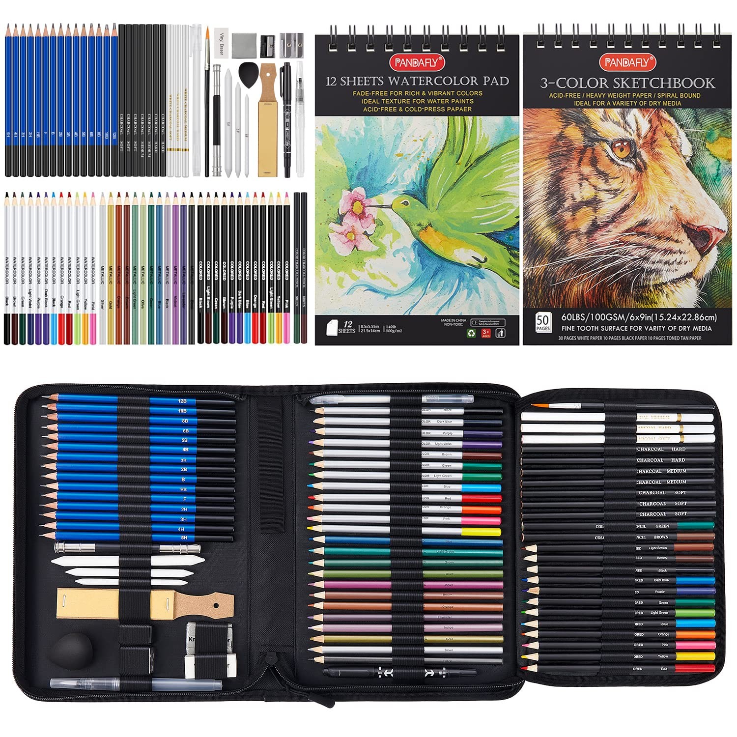 80 Pack Drawing Set Sketching Kit, Pro Art Supplies with 3-Color Sketchbook
