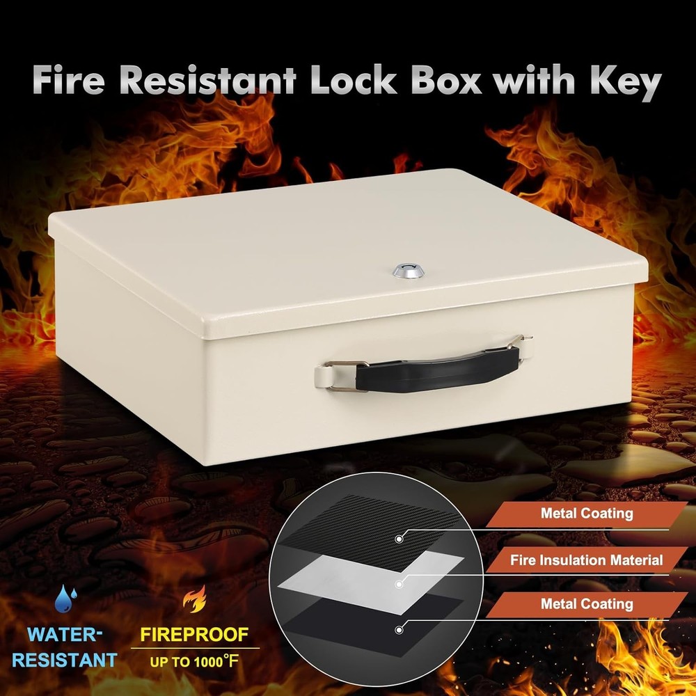 KYODOLED Fireproof Document Box with Key Lock, Small Safe Medium, Beige