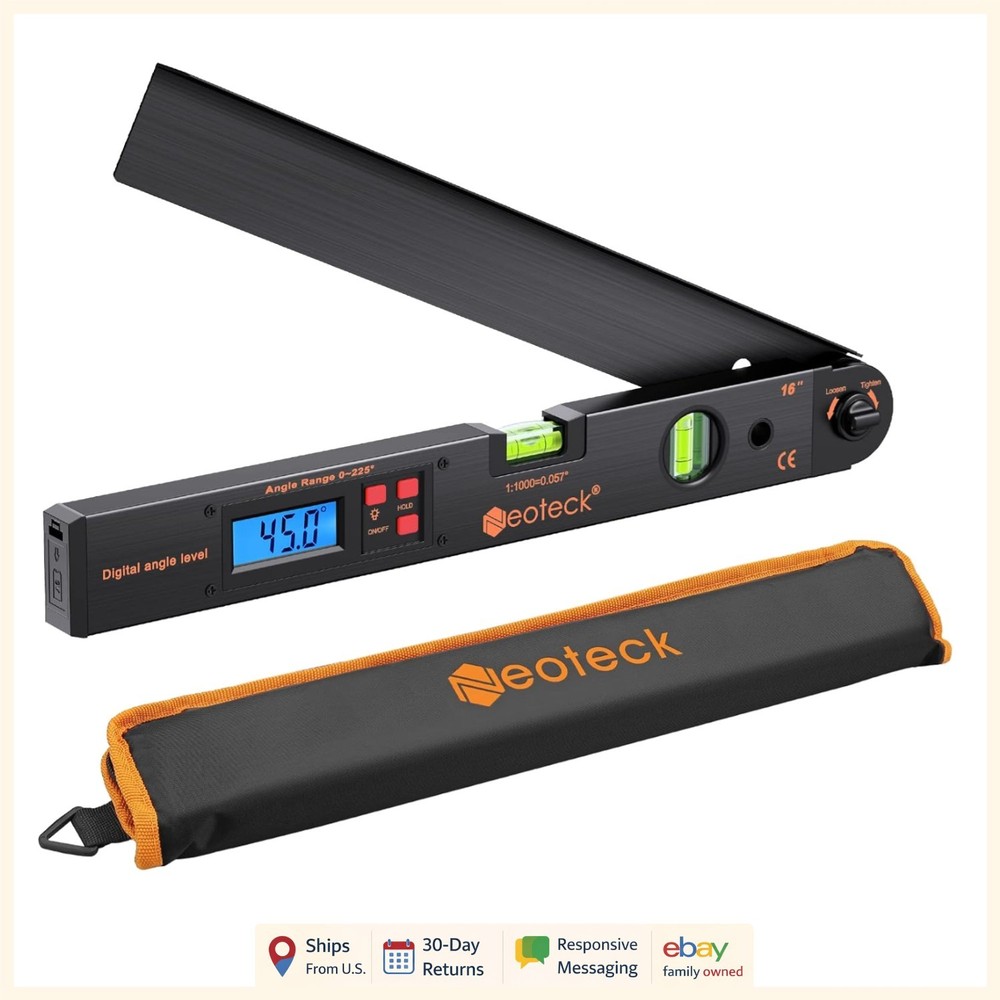 Backlit LCD Digital Protractor for Measuring Angles with Horizontal Bubble Level
