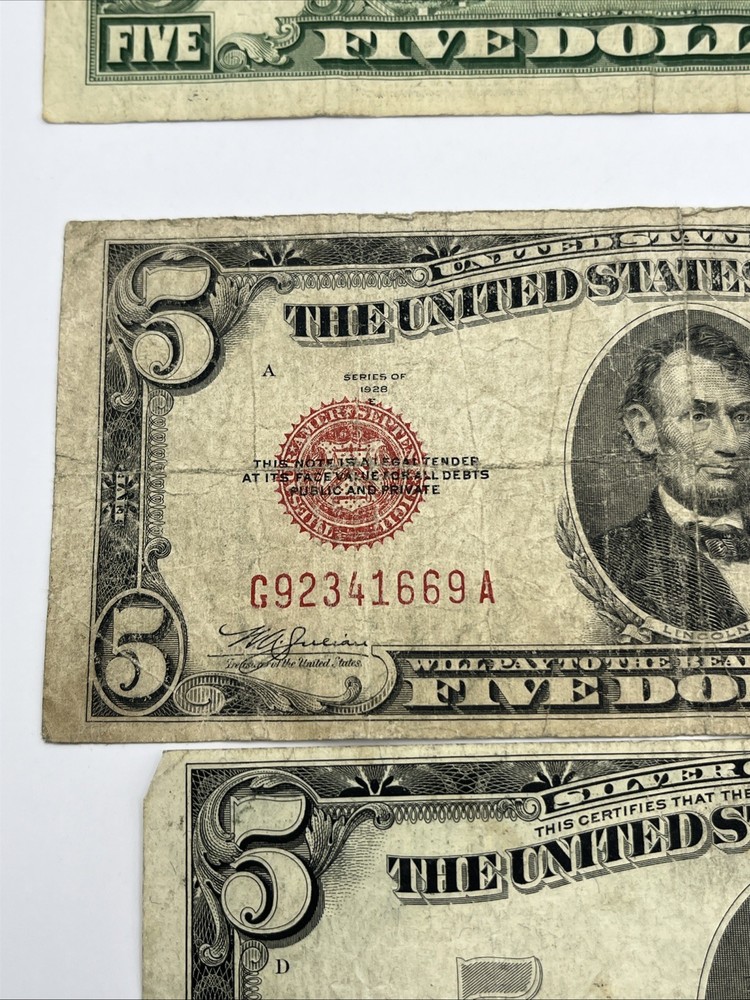 1928 E/1953 A&B $5 Red Seal & Silver Cert Note Lot