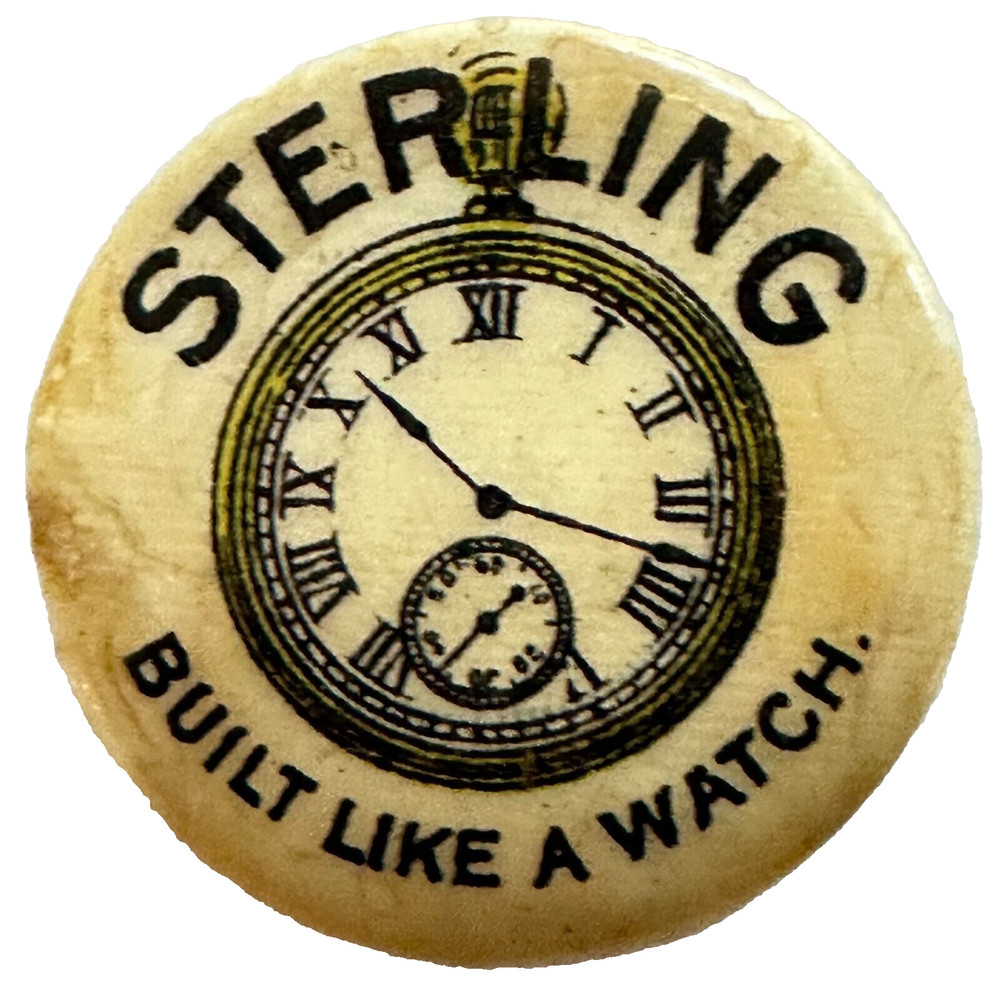 Sterling Bicycle Co Built Like A Watch Westfield Mfg  Stud Back Celluloid Button