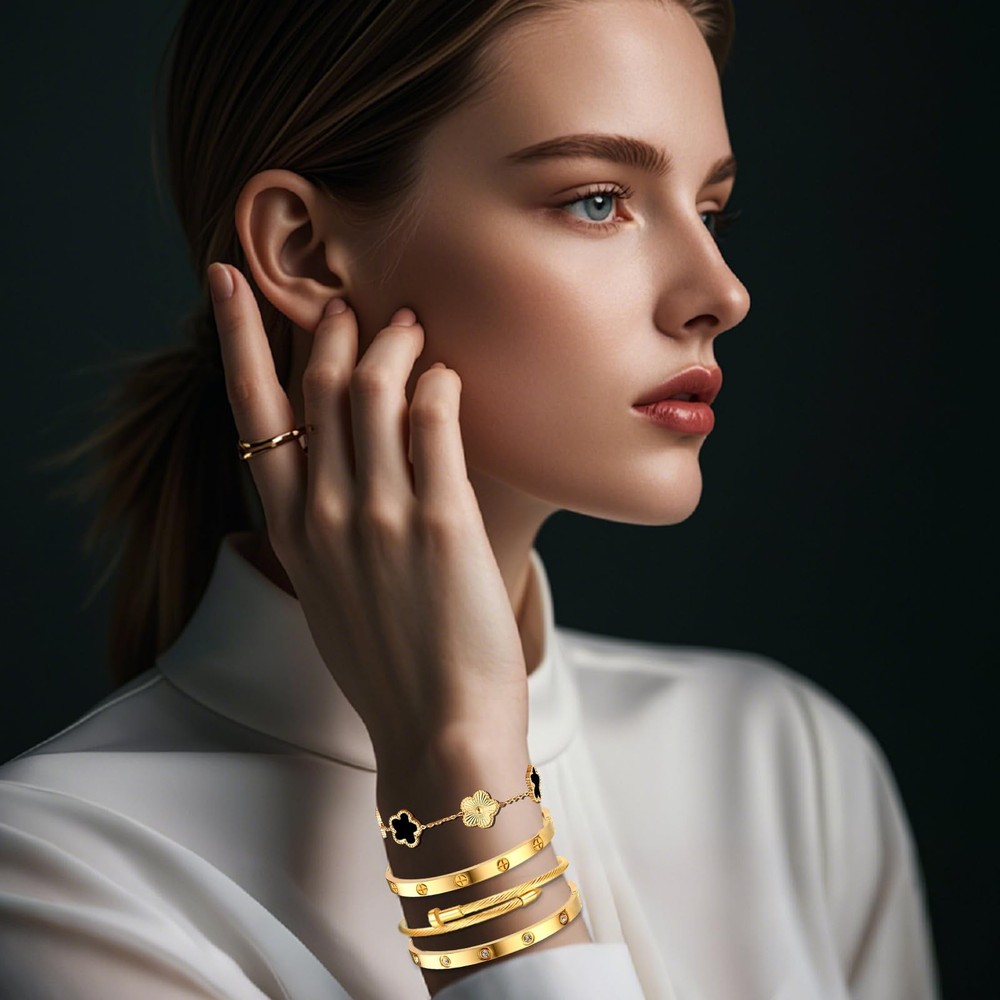 Ntutrxk One Size, Bracelets Stack 4Sets (Floral Black+Gold Bracelets,Bangle)