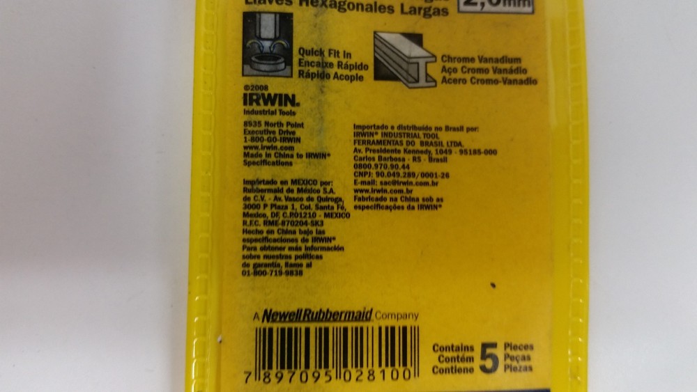Pk/5 Irwin 10602 2mm Long Arm Hex Keys