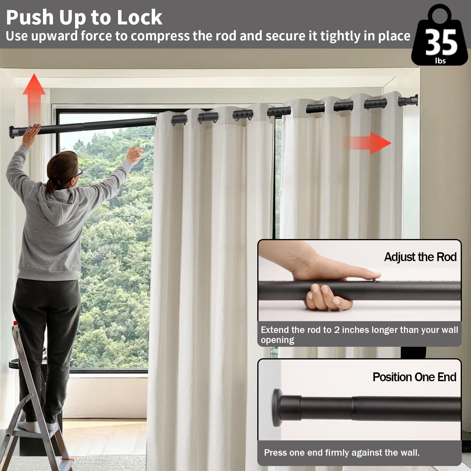 Tension Rod for Shower, 102 120 Inch Heavy Duty No Drill, Black